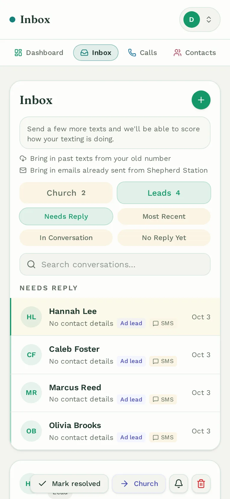 The Shepherd Station inbox on a phone
