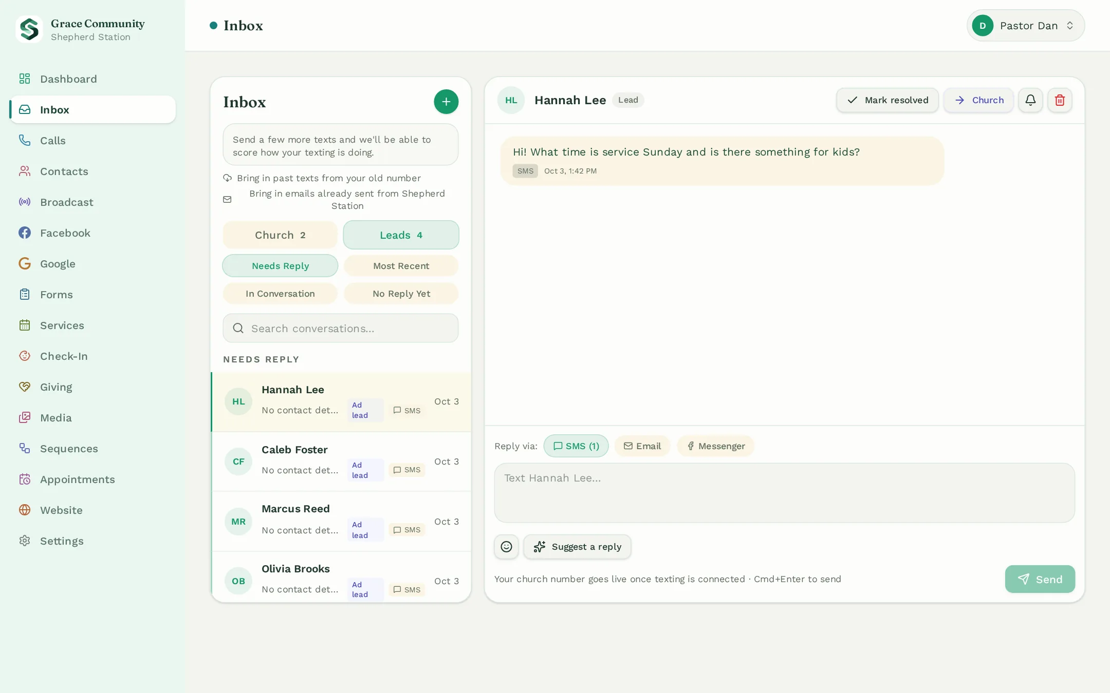 Shepherd Station shared inbox with lead conversations